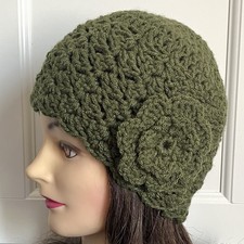 Crochet Handmade Womens Hat Cloche Beanie Flapper Flower Scalloped Edge Olive