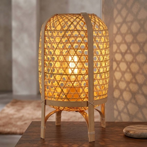 Tischlampe Tischleuchte Wohnzimmerlampe Geflecht Bambus Beistellleuchte LED 37Cm-image
