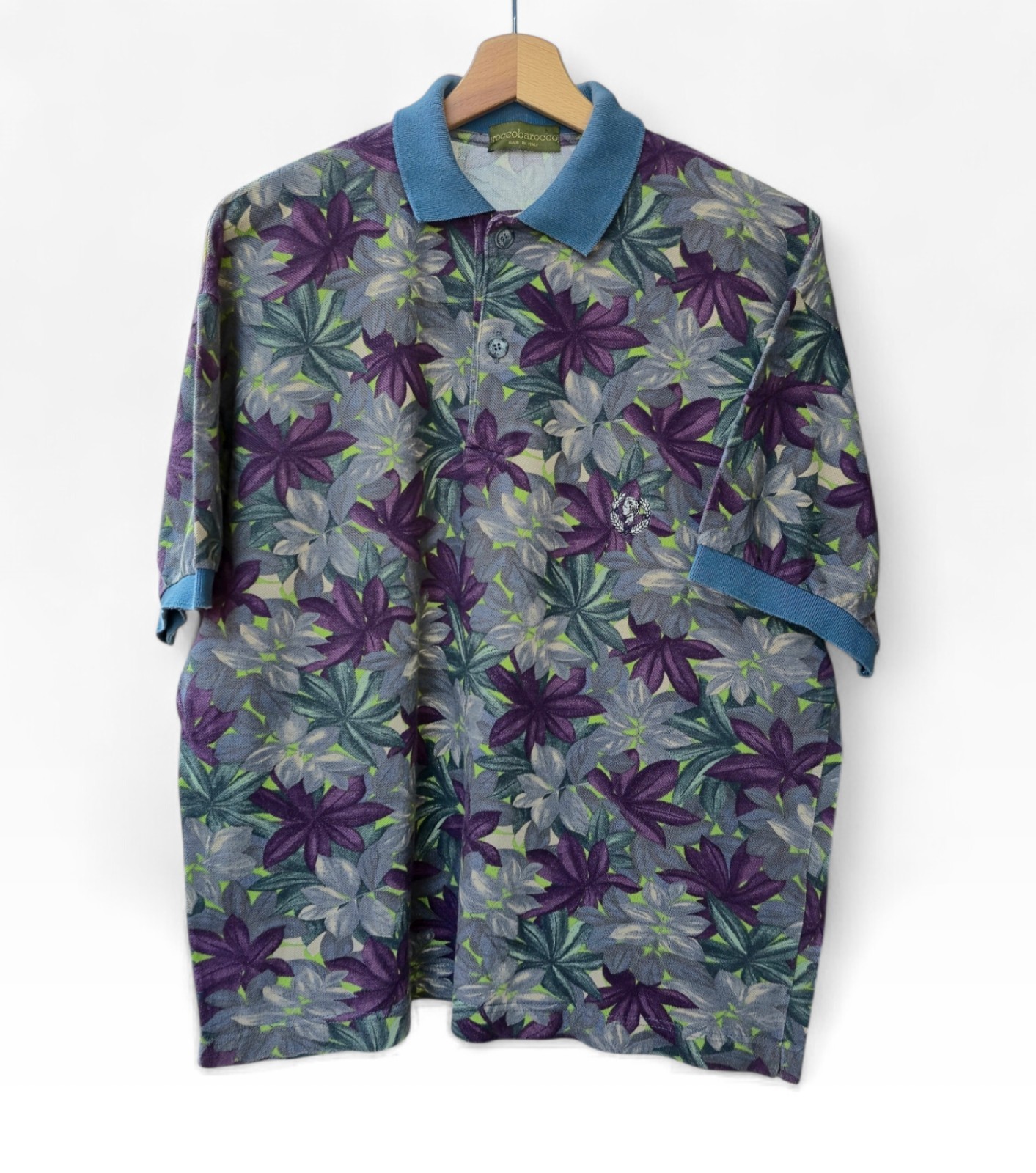 ​Vintage Roccobarocco Polo Man L Multicolor Floral 100% Cotton Made in Italy