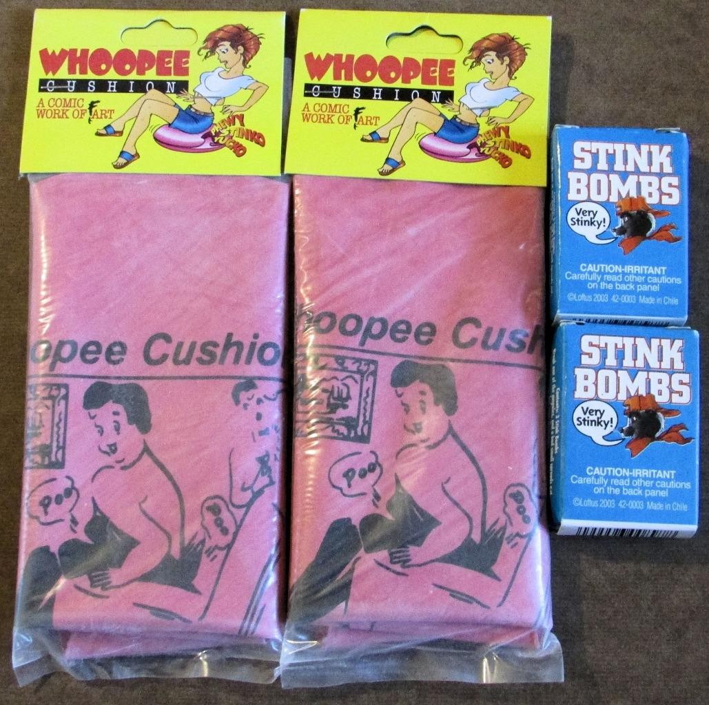 Lot of 2 Whoopee Cushions and 2 - 3 Piece Pack Stink Bombs Stinky Fart Joke Gag
