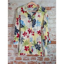 Hot Cotton Button Up Shirt Women L Yellow Floral Tropical Linen Made in USA