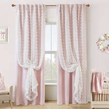 Pink Blackout Curtains for Bedroom Nursery 2 Panels,Sheer White Overlay Pom P...
