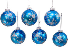 Kurt Adler 80MM Blue and Silver Glitter Snowflake Glass Ball Ornaments, 6 Piece