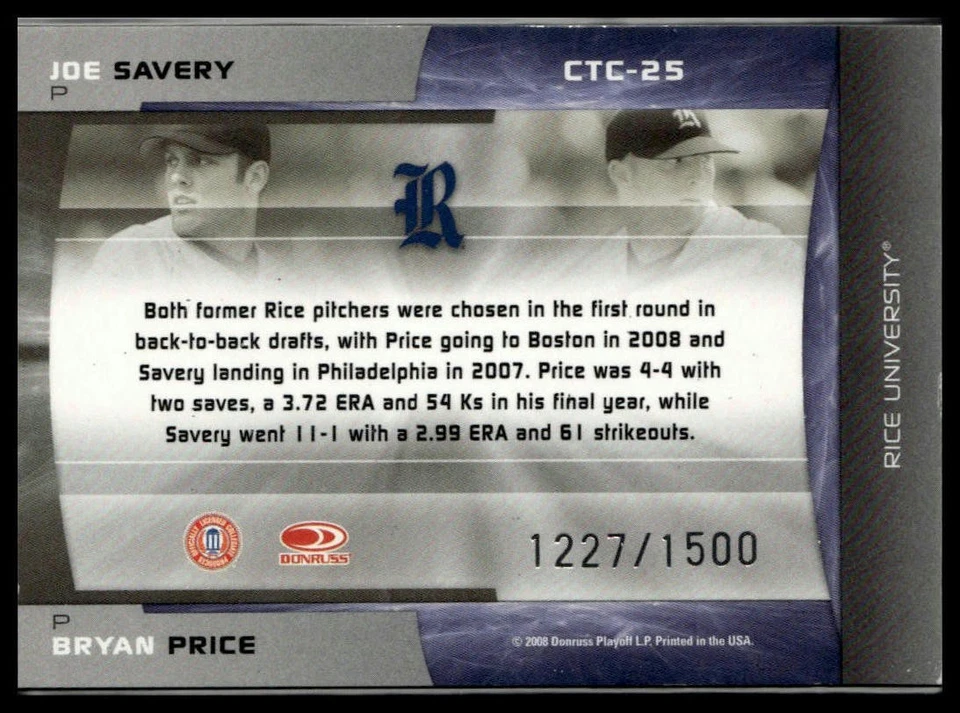 2008 Donruss Elite Extra #CTC-25 Joe Savery / B. Price College Ties Green #/1500 - Image 2 of 2