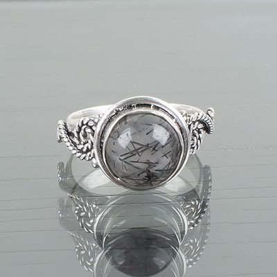 Round Black Rutile Gemstone Sterling Silver Band Elegant New Ring Size All Sizes