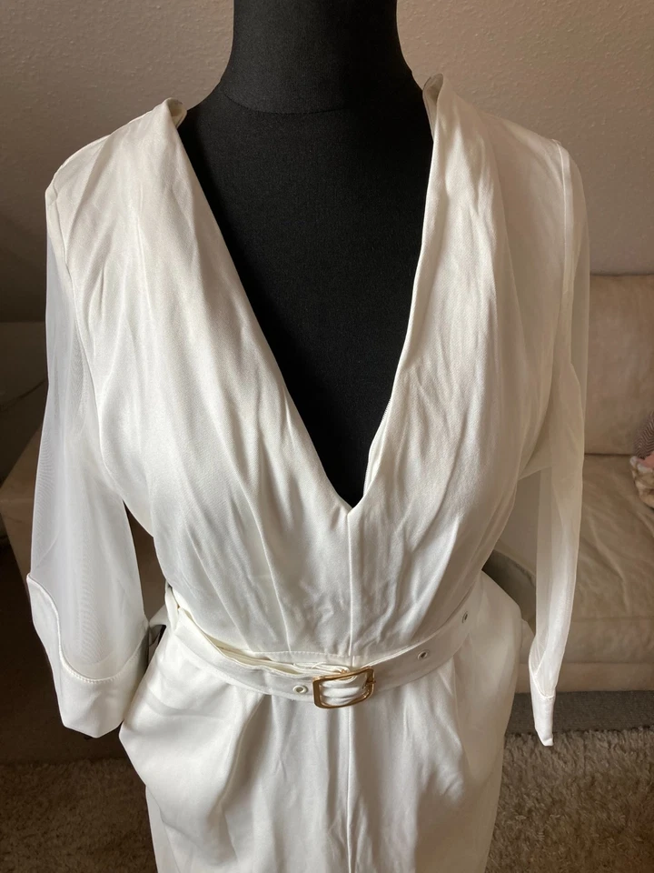 Stylischer Damen Jumpsuit Gr M Creme Weiß Gürtel V-Ausschnitt Gürtel 3/4 Arm - Bild 2 von 4