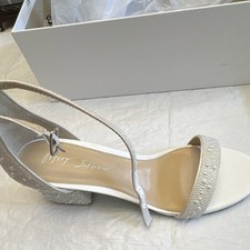 Betsey Johnson Rhinestone Block Heel Strappy Sandal Ankle Strap Beige Silver