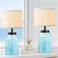 Coastal Fillable Table Lamps Set of 2 with Blue  White Shades, Bulbs Included