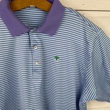 Peter Millar Mens Golf Polo Shirt Purple Blue Stripe Palm Tree Logo Size XL