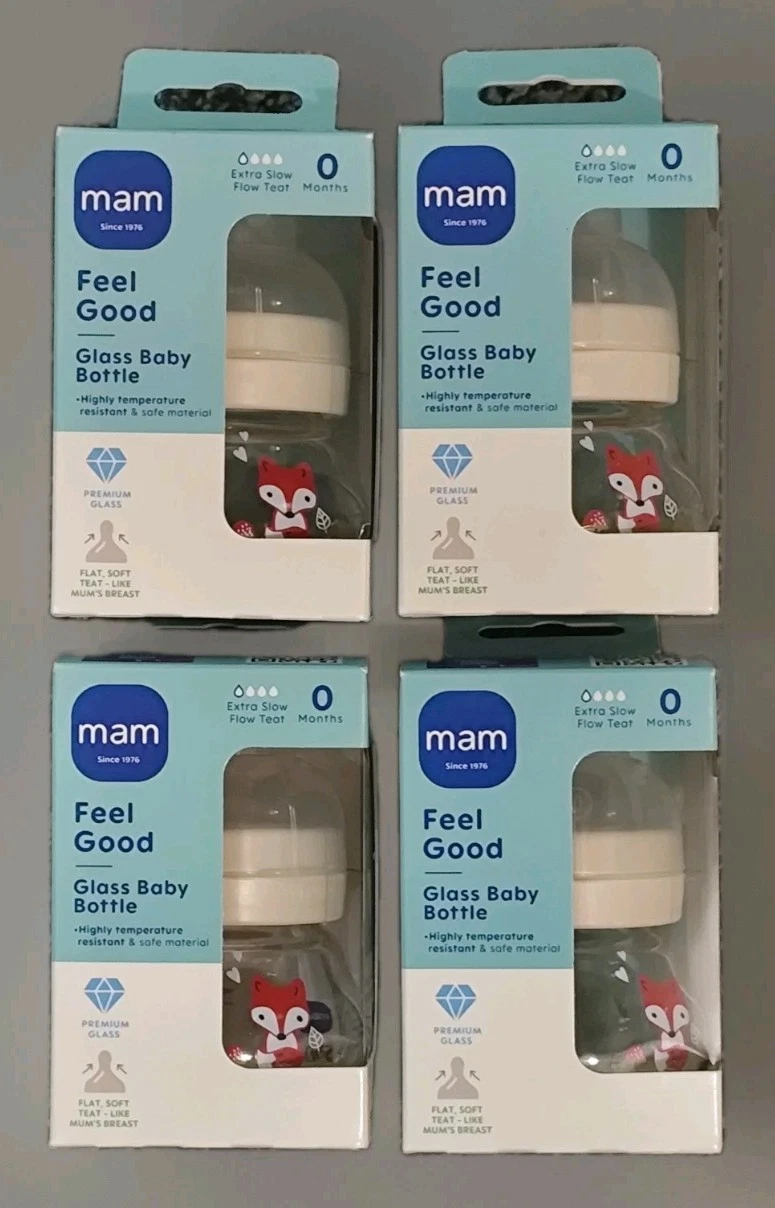MAM Fell Good - 4 X 90ml Glass Baby Bottle, 0 Months, Extra slow Flow Teat Ivory