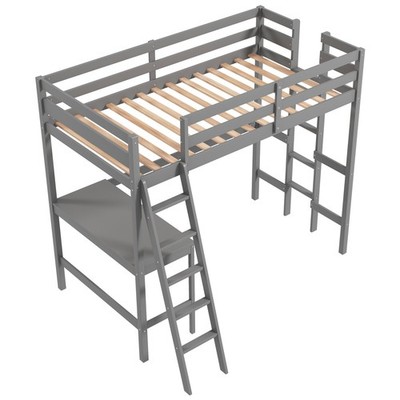 Twin Size Loft Bed w/ Desk & Shelf 2 Ladders & Guard Rail for Kids Teens Bedroom