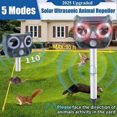 Upgraded Solar Ultrasonic Animal Repeller Bird Dog Cat Skunk Deer Raccoon Repel