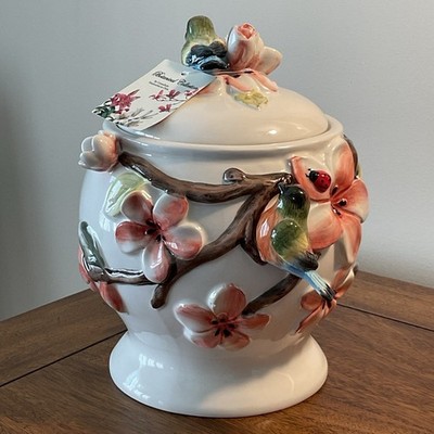 Corner Ruby Botanical Collection Birds & Flowers Ceramic Covered Canister-NEW