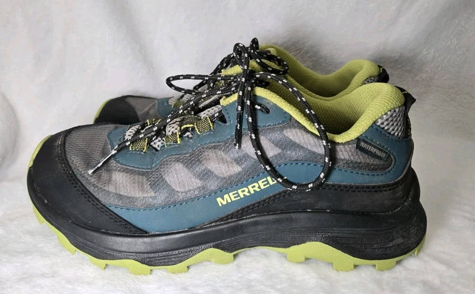 Sapatos de caminhada Merrell Moab Speed baixo impermeável verde cinza azul crianças meninos tamanho 5 - Imagem 3 de 4