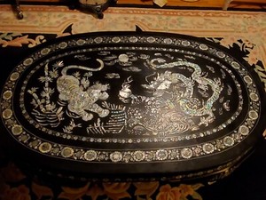 Korean Black Lacquer Mother Of Pearl Inlay Tiger And Dragon Coffee Table