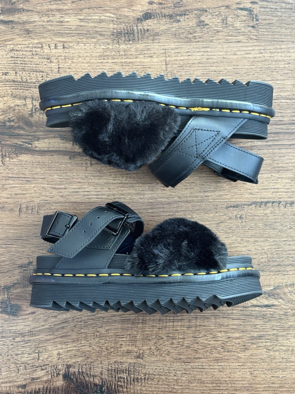 Dr. Martens Voss II Black Fluffy Faux Fur Sandals, Women's 5