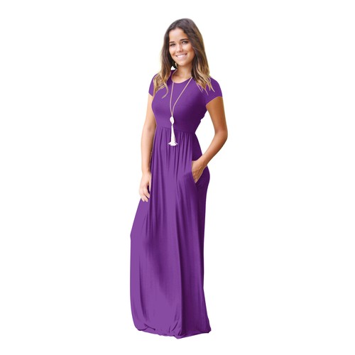 Fashion Women's Short Sleeve Loose Plain Maxi Dresses Long Dresses with Pockets - Picture 25 of 26