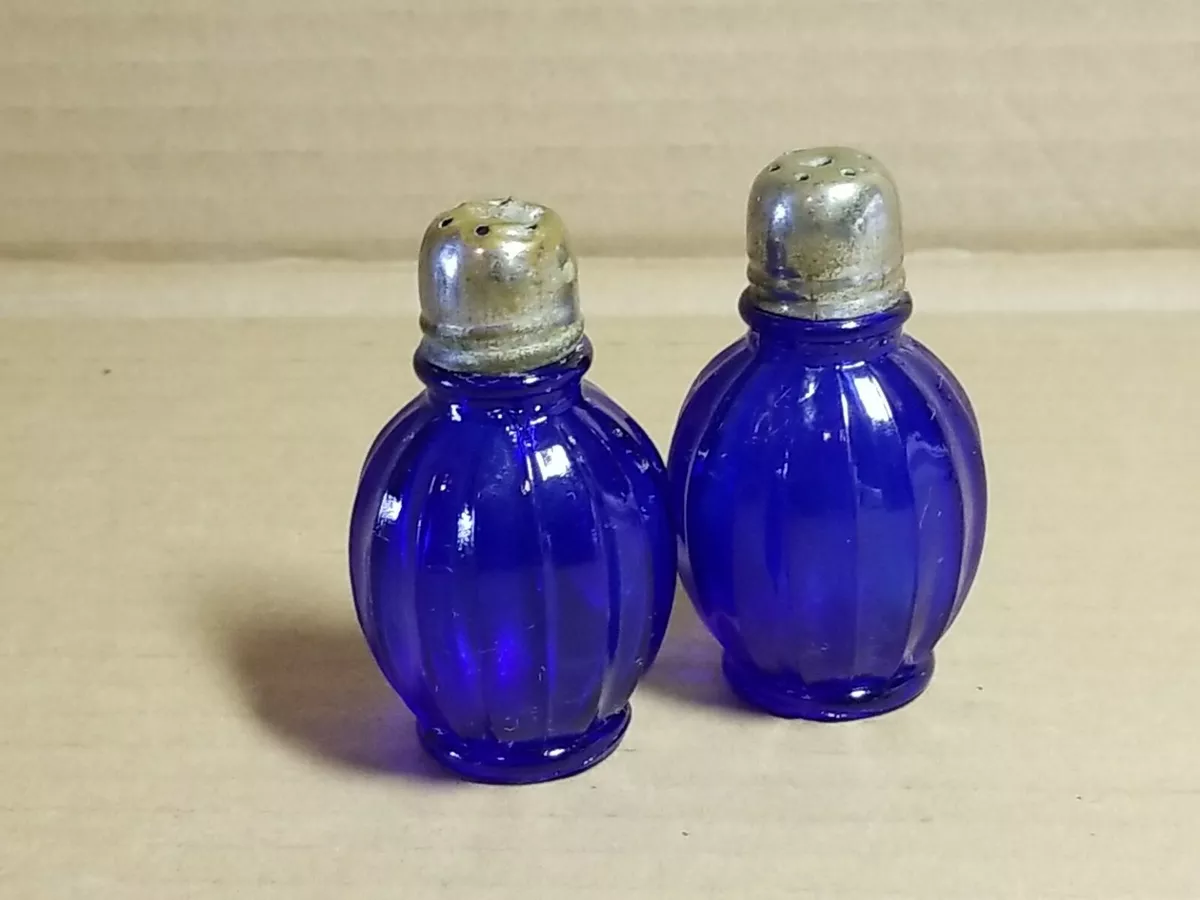 Vintage Blue Cobalt Glass Salt Pepper Shakers Panel Set of 2 Made in Japan