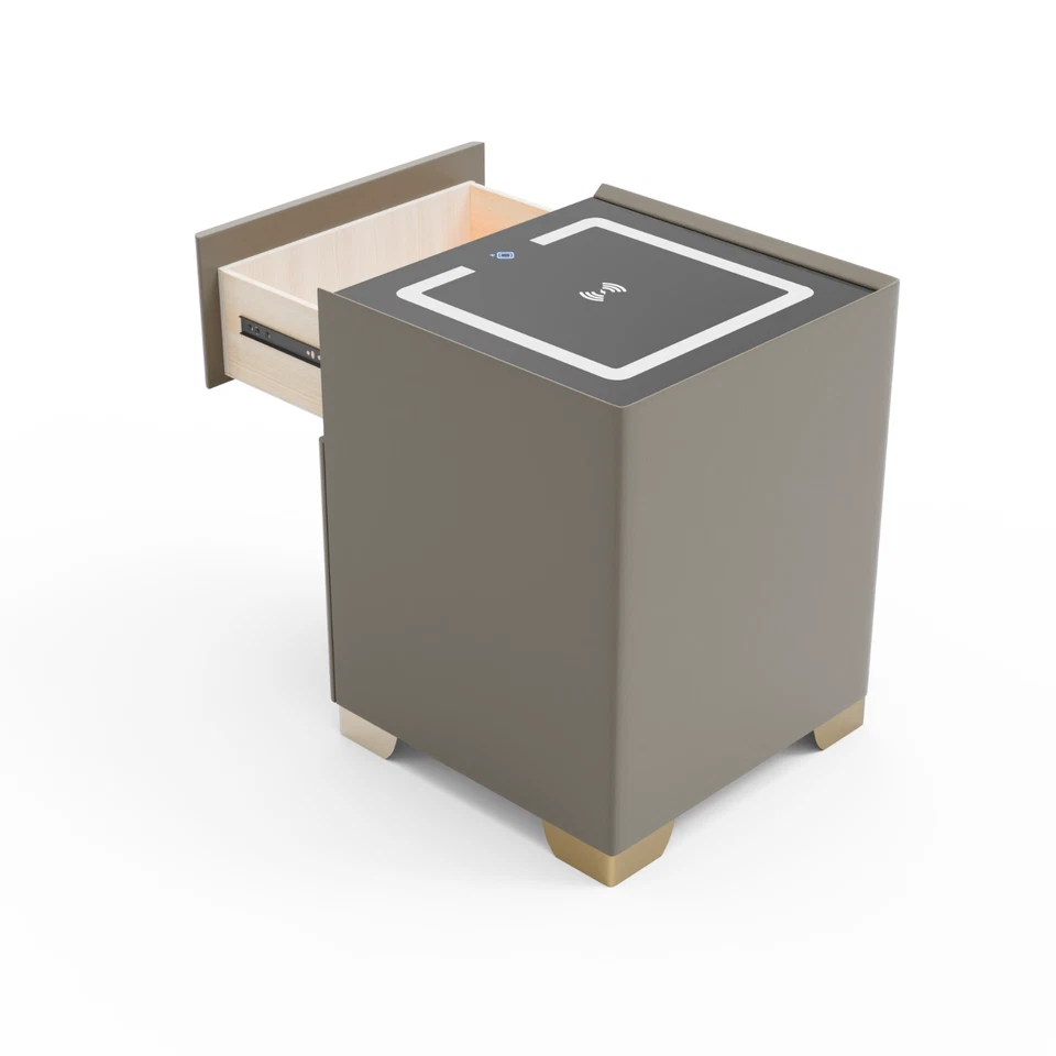 Mesita de noche inteligente Light Coffee con caja de seguridad, carga inalámbrica, altavoz Foto 4 de 4