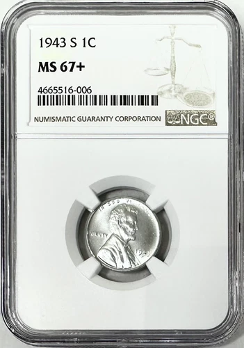 1943 S LINCOLN STEEL CENT NGC MS67+