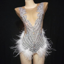 Sparkly Rhinestones White Feather Women V Neck Leotard Club Costumes Stage Wear