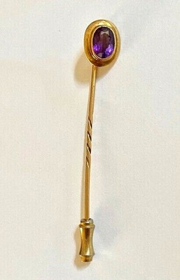 ANTIQUE 14K YELLOW GOLD BEAUTIFUL PURPLE AMETHYST HAT STICK  display picture 2