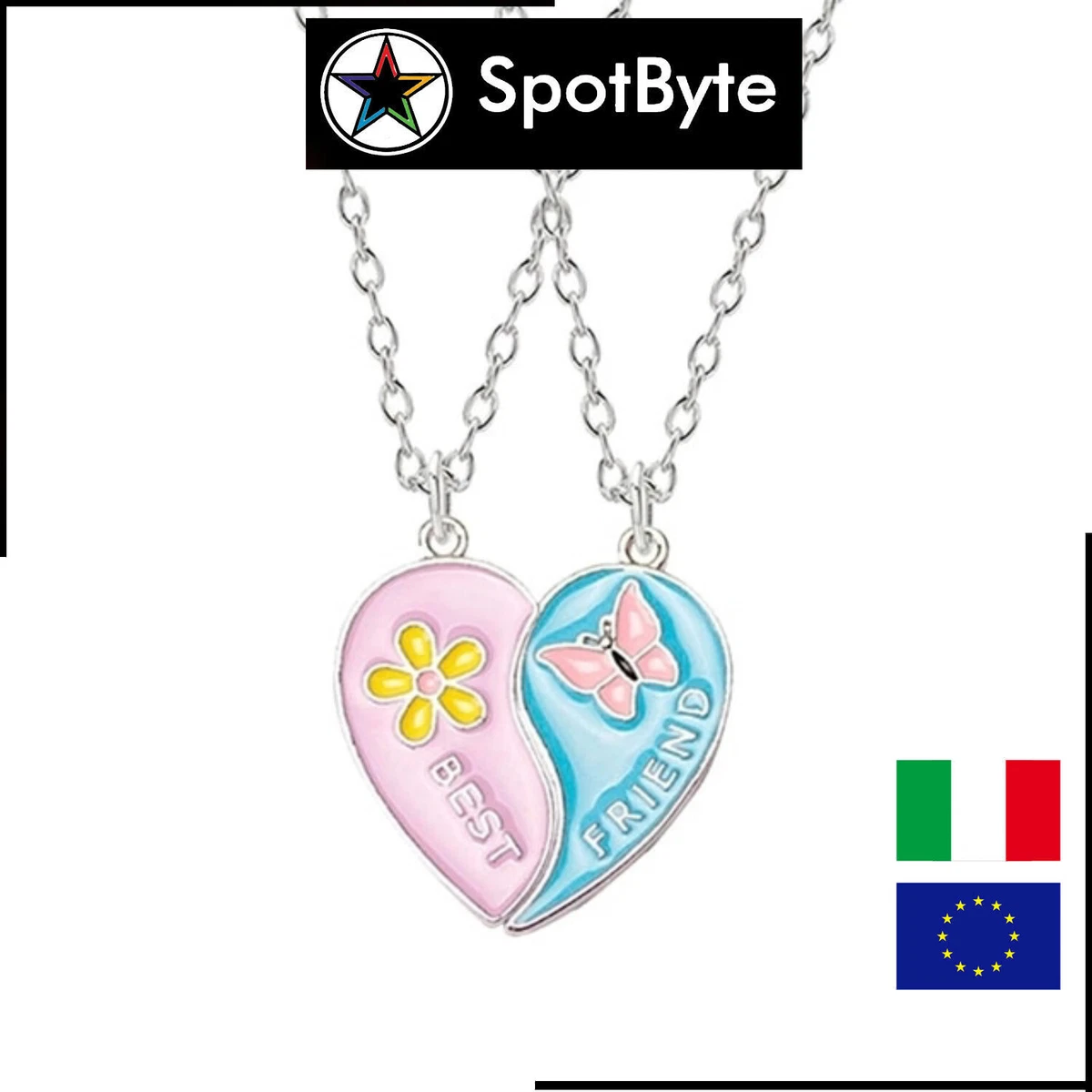 Collana BFF con punta di cristallo: set di 4 pezzi a forma di cuore diviso, simbolo di amicizia. - Italia