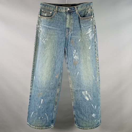 HELMUT LANG Size 32 Cropped Wide Leg Blue Paint Splatter Cotton Adjustable Jeans
