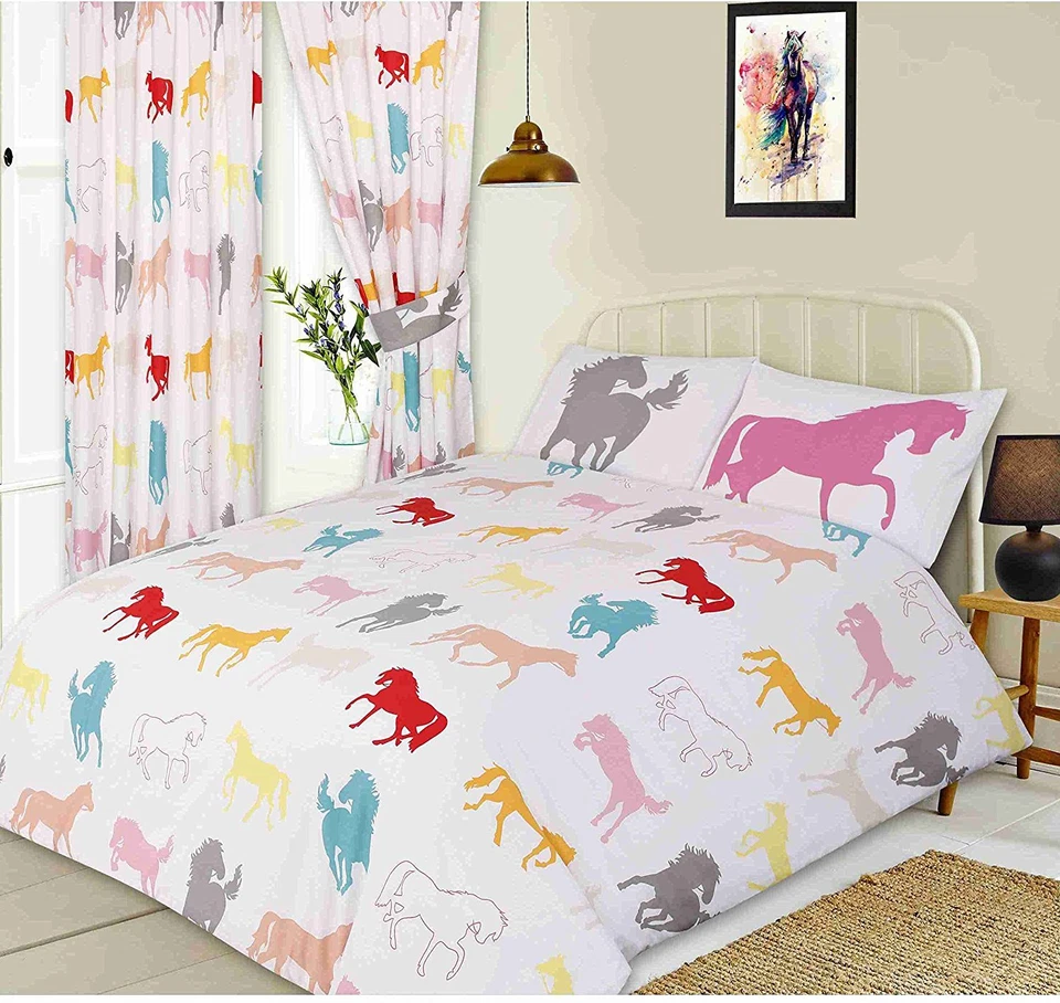 MY HOME King Size Horses White Equestrian Duvet Cover Set Pink Grey Teal Red