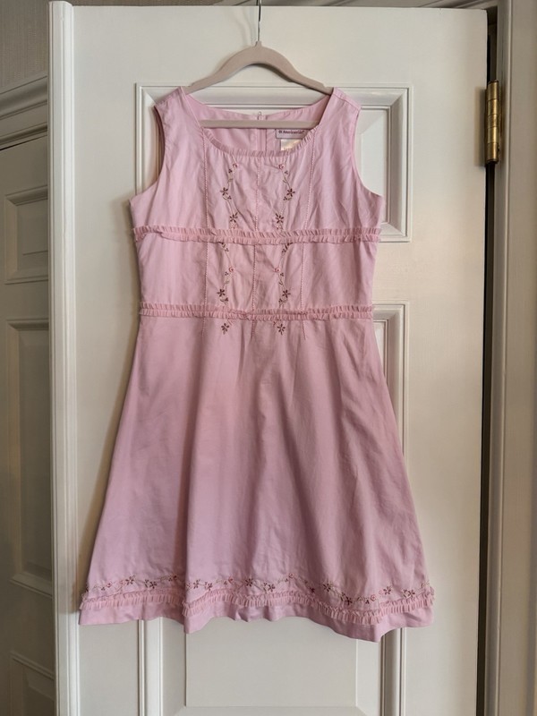 American Girl dress, pink with embroidery in  floral trim, size 12
