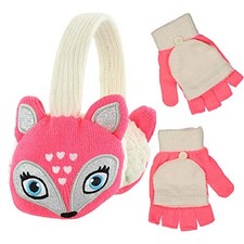 Kids Warm Knit Animal Earmuff  Convertible Gloves Set   Boys  Girls Pink Fox