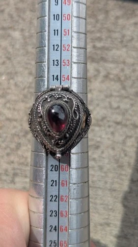 Vintage Sterling Silver Garnet Poison Ring Locket Hidden Compartment Size 8