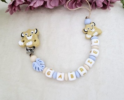 Schnullerkette mit Name   Simba  Junge   Baby Geschenk   Löwe Blau Beige
