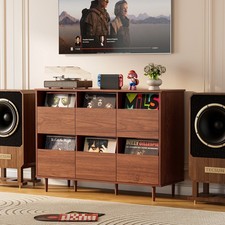 2-Tier Vinyl Record Player Stand Semi-Enclosed Large Storage Media Console Table