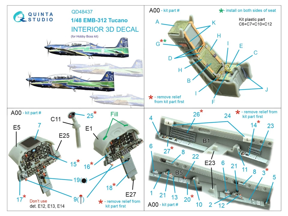 Quinta Studios 1/48 EMB-312 TUCANO 3D PRINTED & COLORED INTERIOR SET Hobby Boss - Image 2 of 4