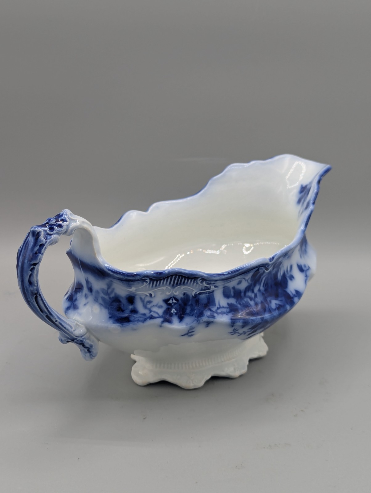 Antique J&G Meakin "Leon" Flow Blue Gravy Boat, Stamped, Excellent Condition