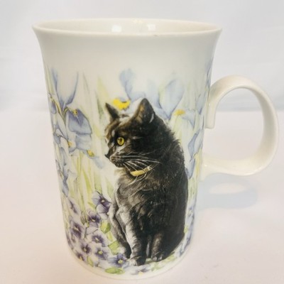 Dunoon Porecelain Cup Cats with Purple Blue Flowers Design Made in Scotland