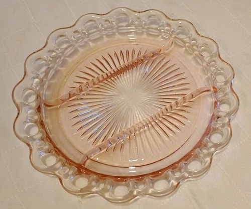 Vintage Hocking Glass "Old Colony" Pink Depression Glass Open Lace Relish Plate