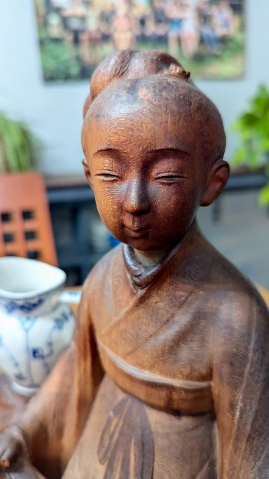 Old Chinese Natural Boxwood Carved Beautiful Woman Statue Sculpture 11" x 15" - Image 4 of 4