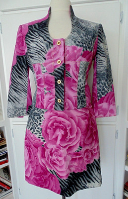 Vtg Alberto Makali Mod Pink Rose Leopard Floral Mini Skirt Jacket Suit Set sz 4