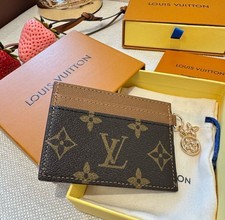 Louis Vuitton Brown Monogram Tan Leather Card Holder Wallet Keychain Gold Charm