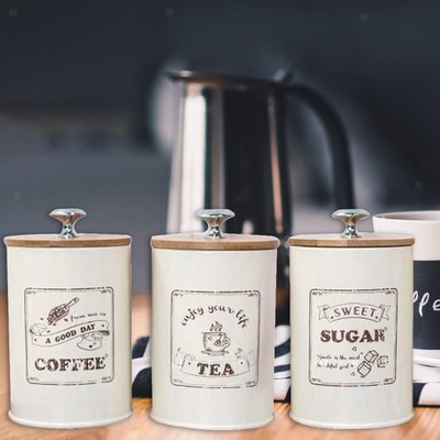 3x 1L Eisen Zucker Kaffee Tee Kanister Lebensmittel Aufbewahrung Küche Eimer Blech Kanne Organizer