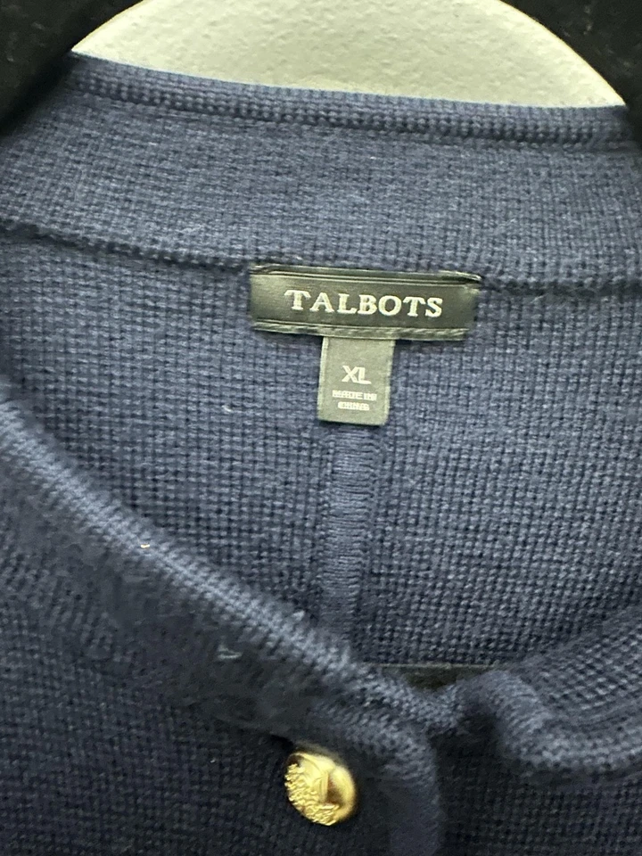 Talbots Sweater Womens XL Navy Blue Merino Wool Blend Gold Button Front Classic - Image 3 of 4