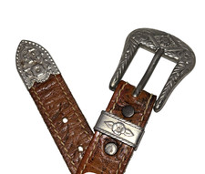 Vintage Western Tooled Leather Belt Ornate Silver Tone Buckle Accents 26.5-31.5