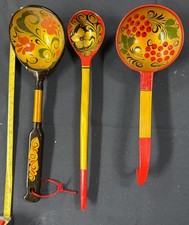 Vintage Set Of 3 KHOKHLOMA Russian Folk Art Wooden Spoon & 2 Ladles Handpainted