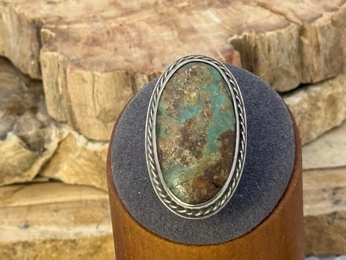 Vintage Native Navajo Sterling Silver large Green Turquoise Ring sz 6--850.26