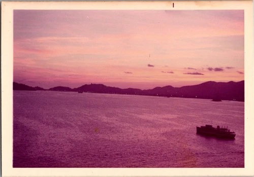 Vintage Color Photograph Sunset Seascape Boat Hills Water Pink Sky Ocean Bay - product listing photo