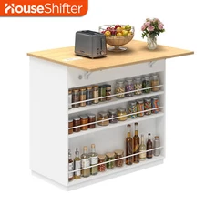 Tilt-Out Rolling Kitchen Island Drop-Leaf Spice Rack Trash Cabinet Power Outlet