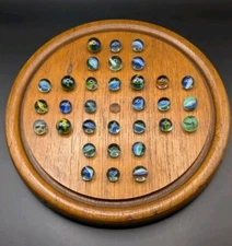 Wood Solitaire Marble Game Board, Solid Hardwood Hand Made  