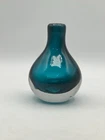 Murano Blown Glass 5.5” Tall Bulb Design Vase Aqua Blue Green Cased In Clear